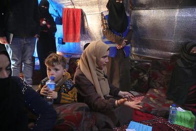 A delegation led by ERC Fletcher sat in a session for community members to raise awareness about landmines and legal documentation on 19 December. The IOM project, supported by the Syria Cross-border Humanitarian Fund, is delivered by a local Syrian NGO IYD. Photo: UNA-UK/Bilal Al-Hammoud.